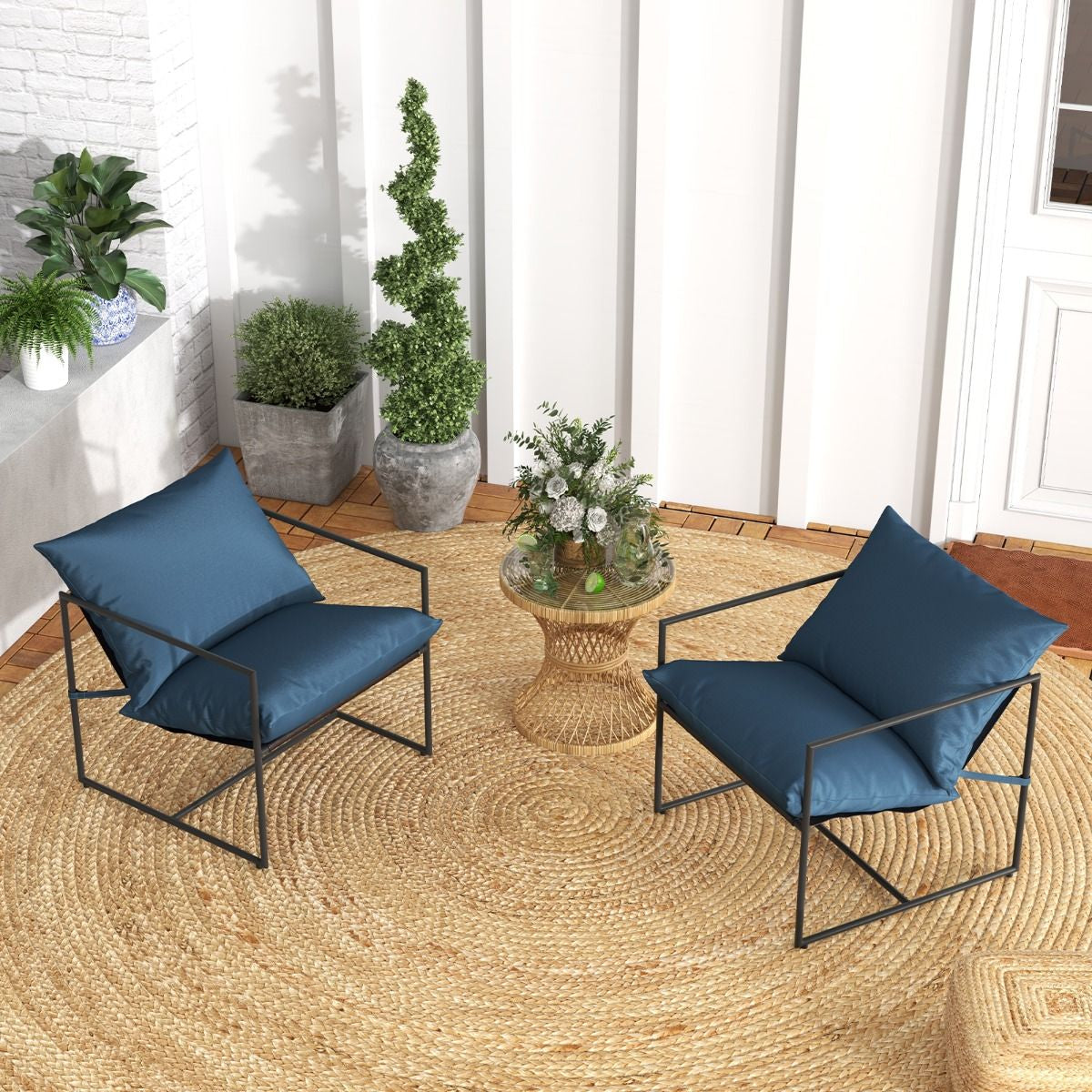 2Er Set Sling-Akzentstuhl Mit Sitz- & Rückenkissen & Metallrahmen Ergonomischer Loungestuhl Navy