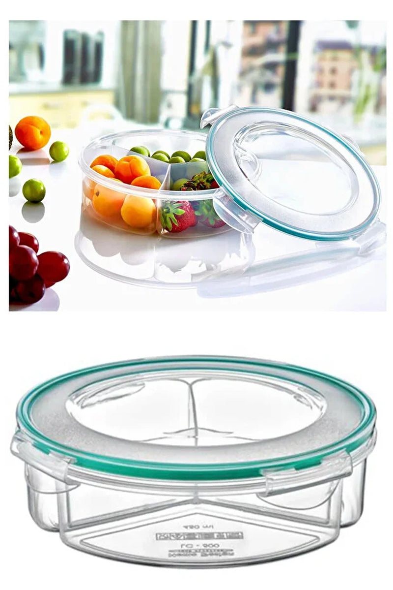 Round 3 Compartment Food Storage Box 1350 Ml Airtight Leakproof Lunch Container