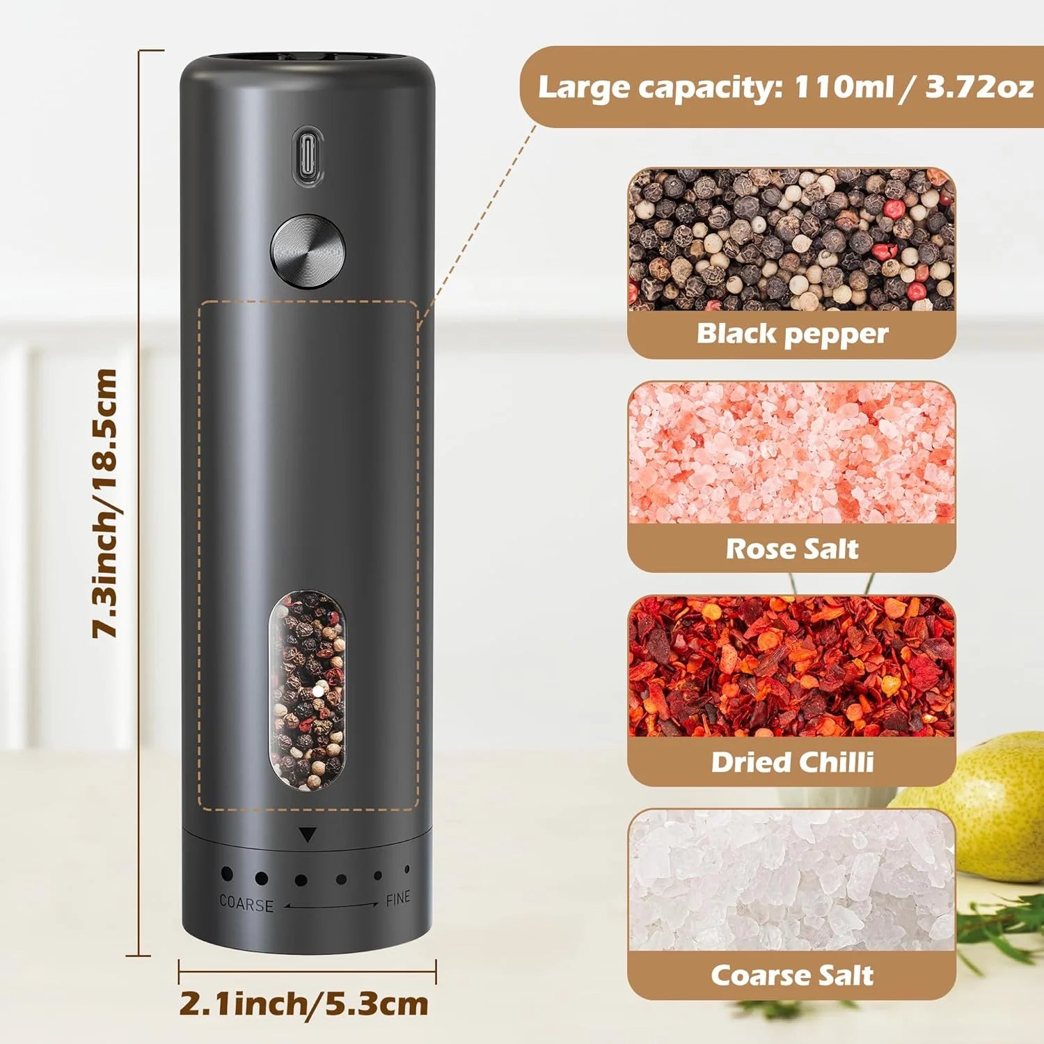 Rechargeable Electric Pepper Grinder with Adjustable Settings and Large Capacity for Salt and Spices