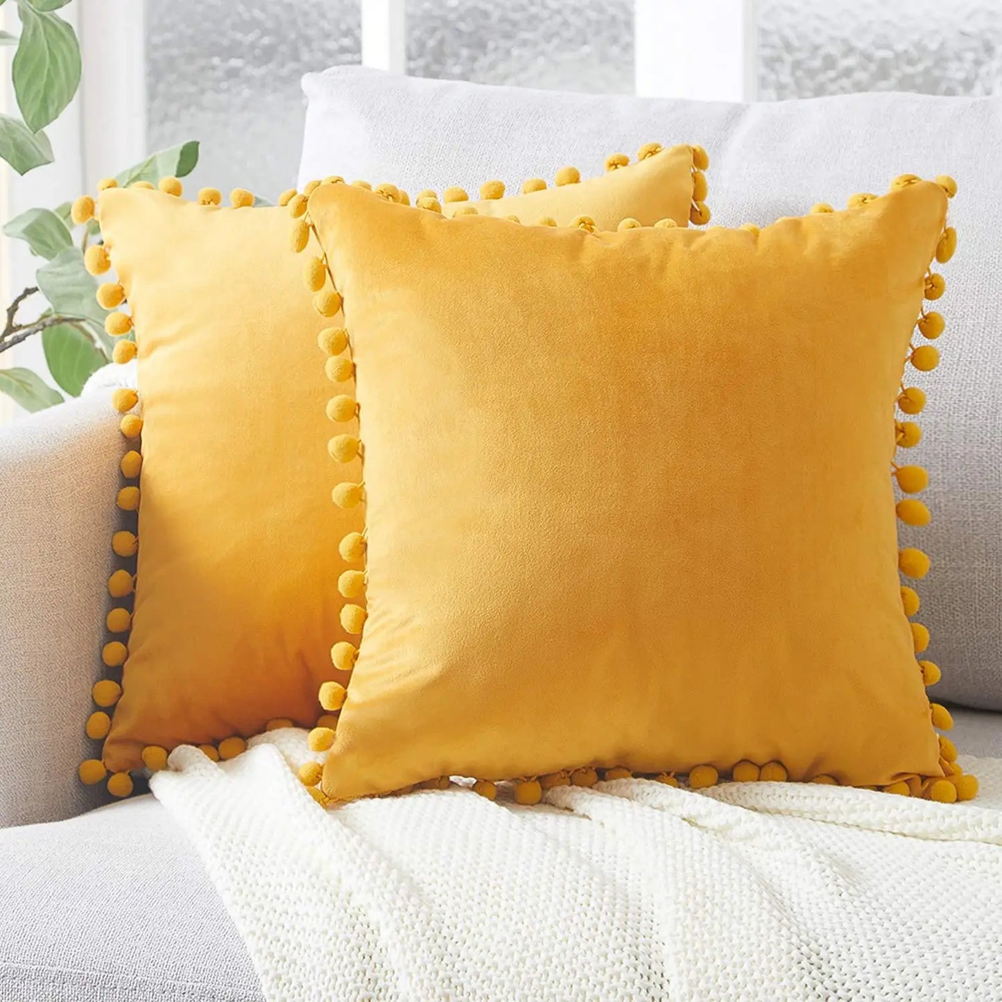 Solid Velvet Decorative Pillow Case with Pompom Trim - Green, Blue, Grey, Pink - 30x50 cm