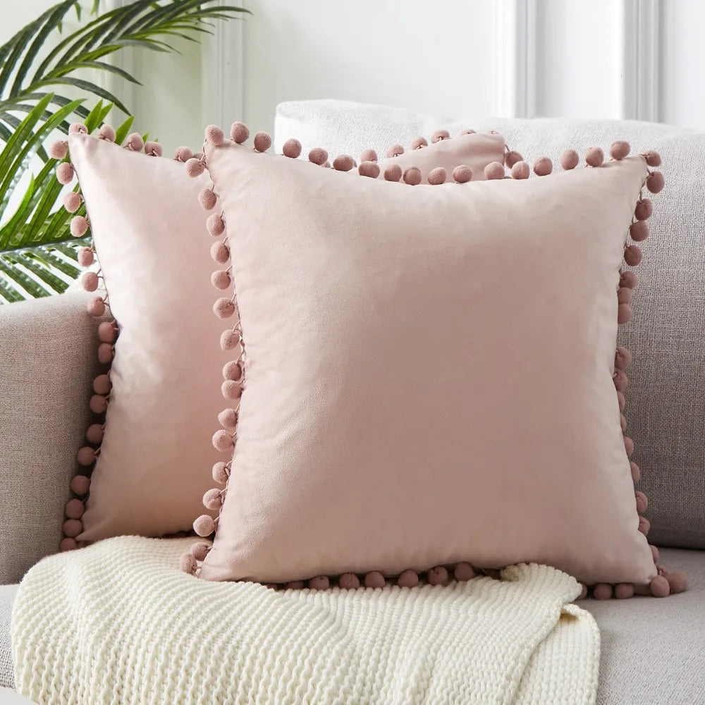 Solid Velvet Decorative Pillow Case with Pompom Trim - Green, Blue, Grey, Pink - 30x50 cm