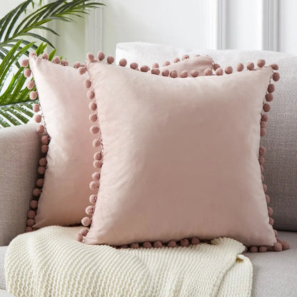 Solid Velvet Decorative Pillow Case with Pompom Trim - Green, Blue, Grey, Pink - 30x50 cm