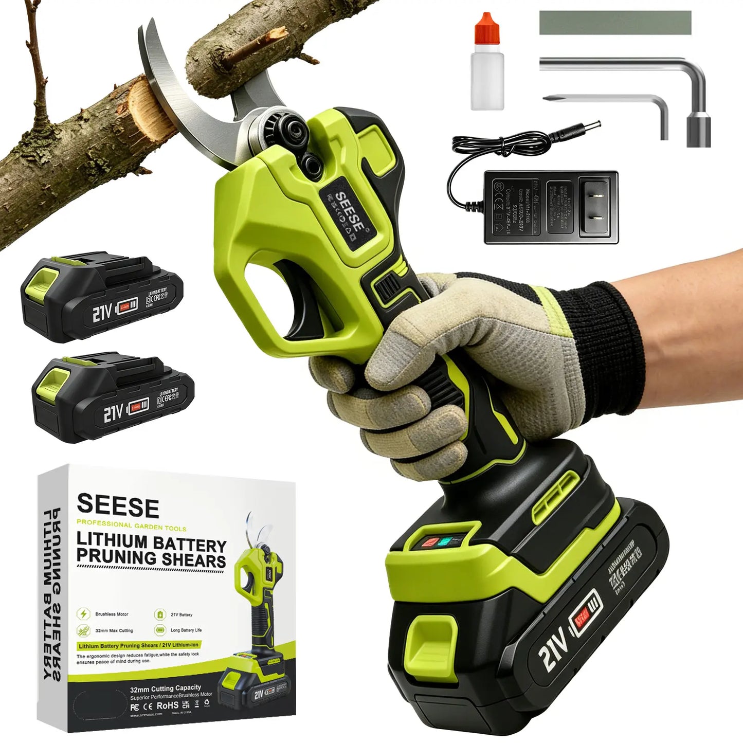 SEESE Cordless Electric Pruning Shears with Brushless Motor - 1.25" Cutting Capacity, Dual 21V Battery for Efficient Tree and Flower Trimming