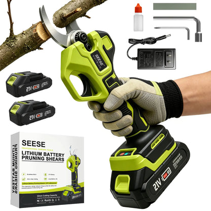 SEESE Cordless Electric Pruning Shears with Brushless Motor - 1.25" Cutting Capacity, Dual 21V Battery for Efficient Tree and Flower Trimming