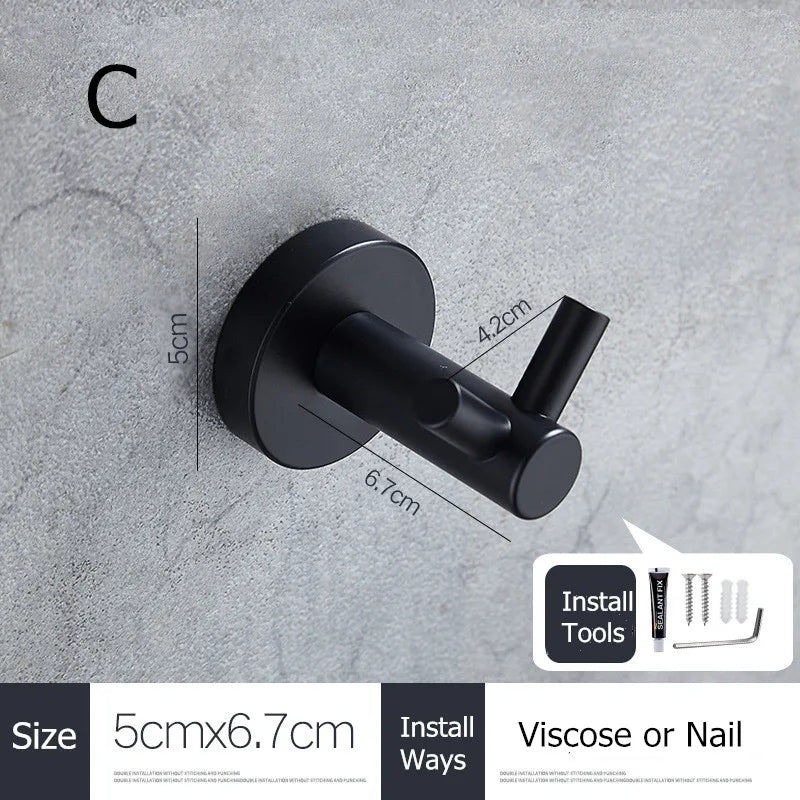 SUS304 Stainless Steel Black Wall Hooks for Bathroom and Kitchen - Versatile Hangers for Keys, Coats, Towels, and Robes