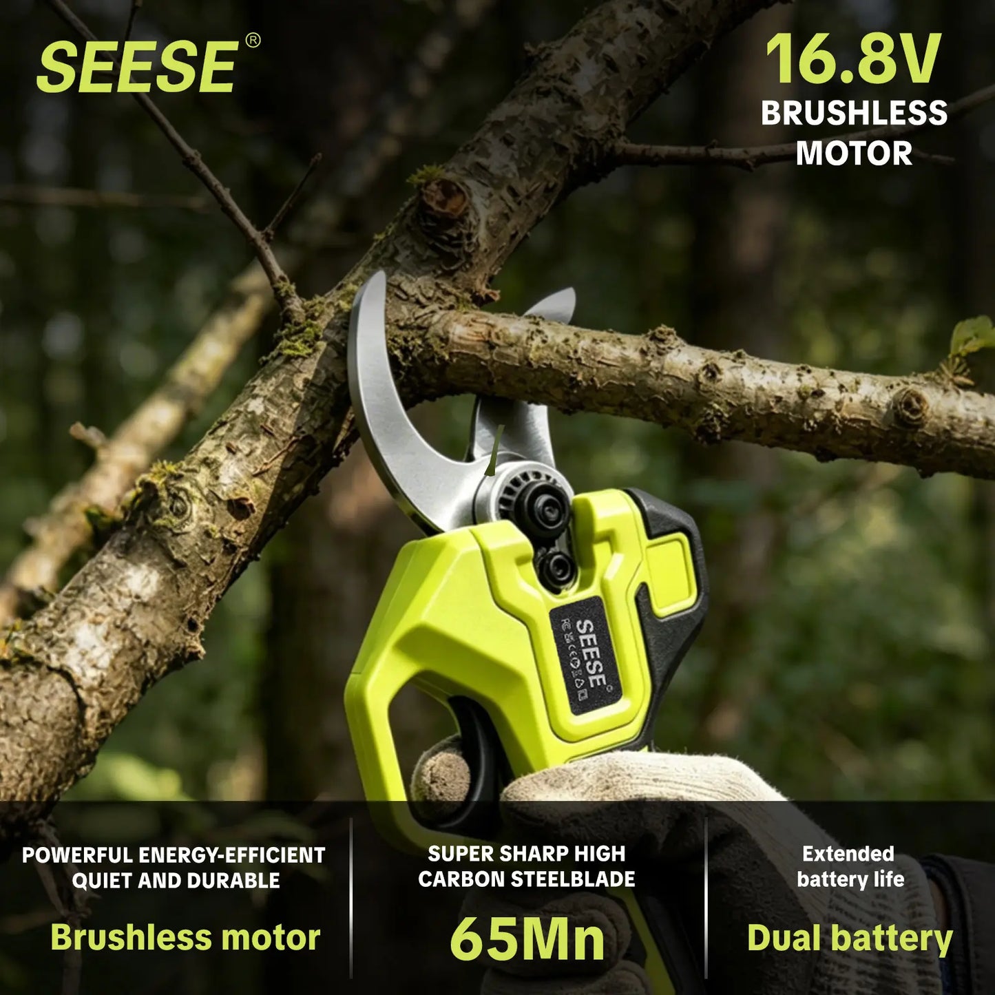 SEESE Cordless Electric Pruning Shears with Brushless Motor - 1.25" Cutting Capacity, Dual 21V Battery for Efficient Tree and Flower Trimming