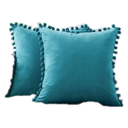 Solid Velvet Decorative Pillow Case with Pompom Trim - Green, Blue, Grey, Pink - 30x50 cm