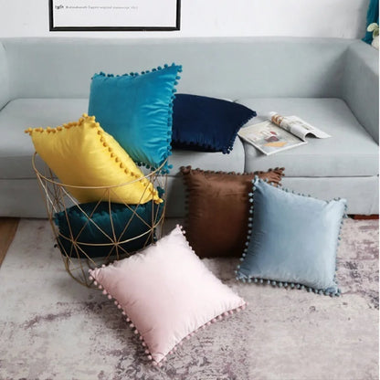 Solid Velvet Decorative Pillow Case with Pompom Trim - Green, Blue, Grey, Pink - 30x50 cm