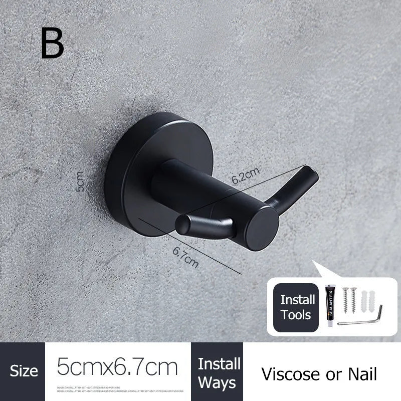 SUS304 Stainless Steel Black Wall Hooks for Bathroom and Kitchen - Versatile Hangers for Keys, Coats, Towels, and Robes