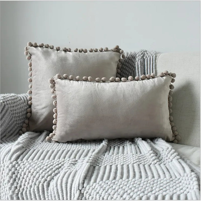 Solid Velvet Decorative Pillow Case with Pompom Trim - Green, Blue, Grey, Pink - 30x50 cm