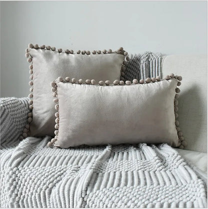 Solid Velvet Decorative Pillow Case with Pompom Trim - Green, Blue, Grey, Pink - 30x50 cm