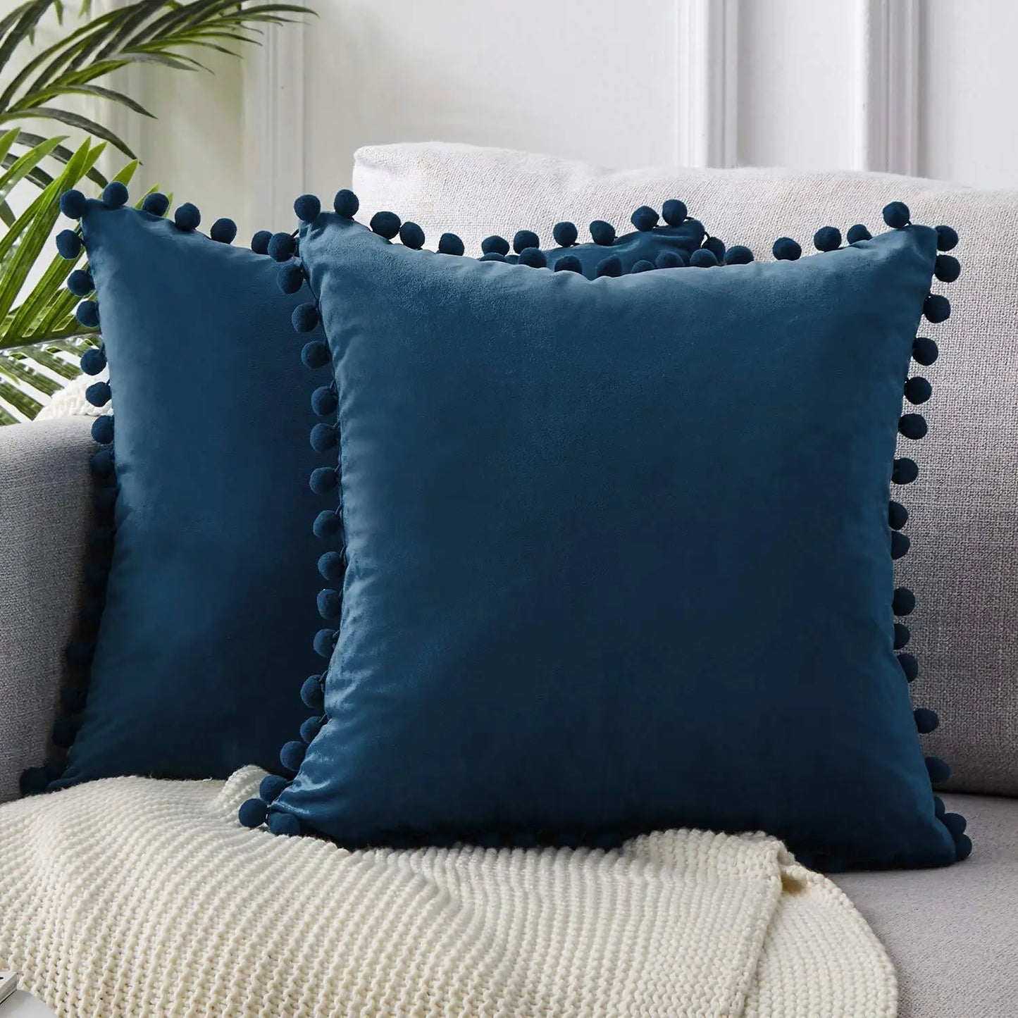 Solid Velvet Decorative Pillow Case with Pompom Trim - Green, Blue, Grey, Pink - 30x50 cm