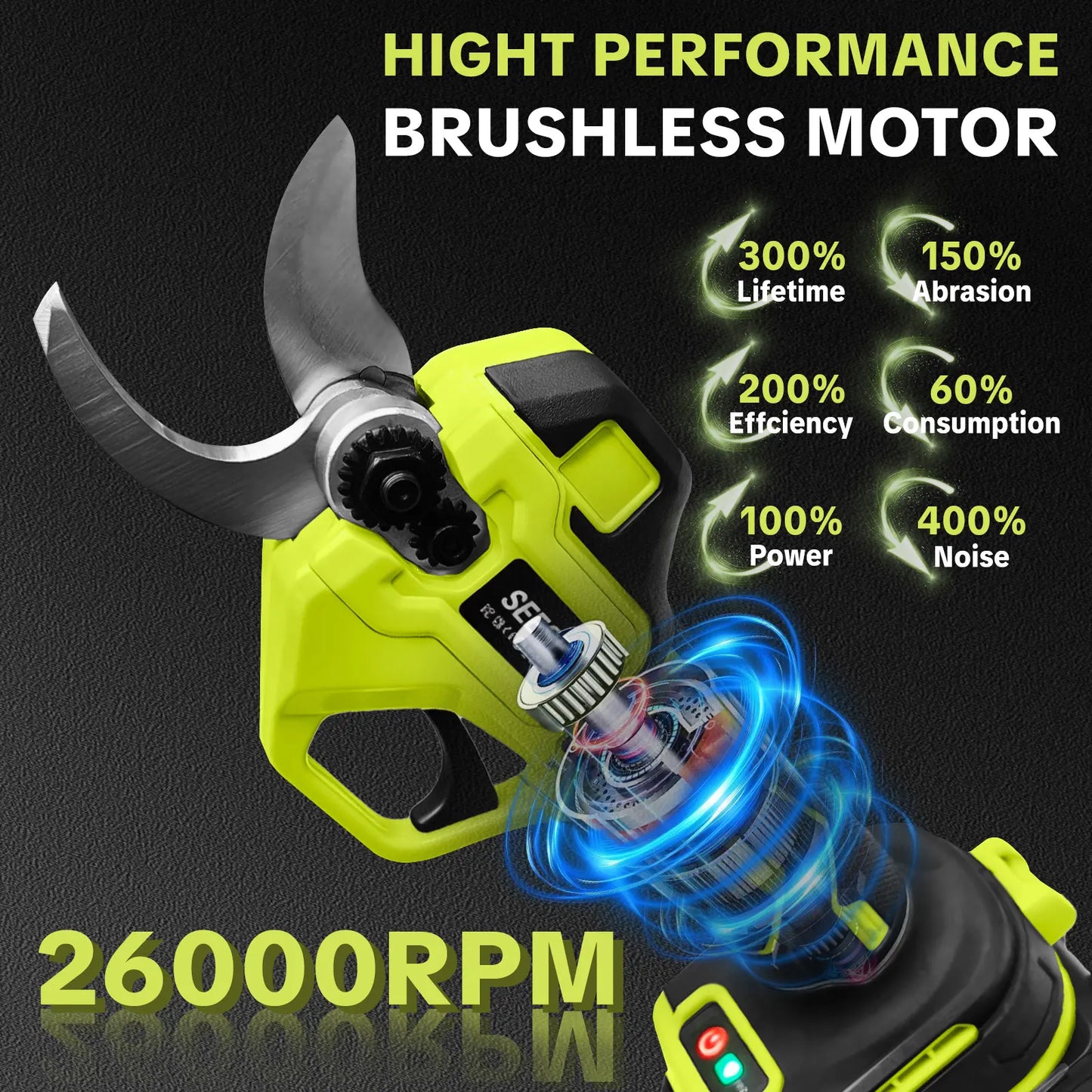 SEESE Cordless Electric Pruning Shears with Brushless Motor - 1.25" Cutting Capacity, Dual 21V Battery for Efficient Tree and Flower Trimming