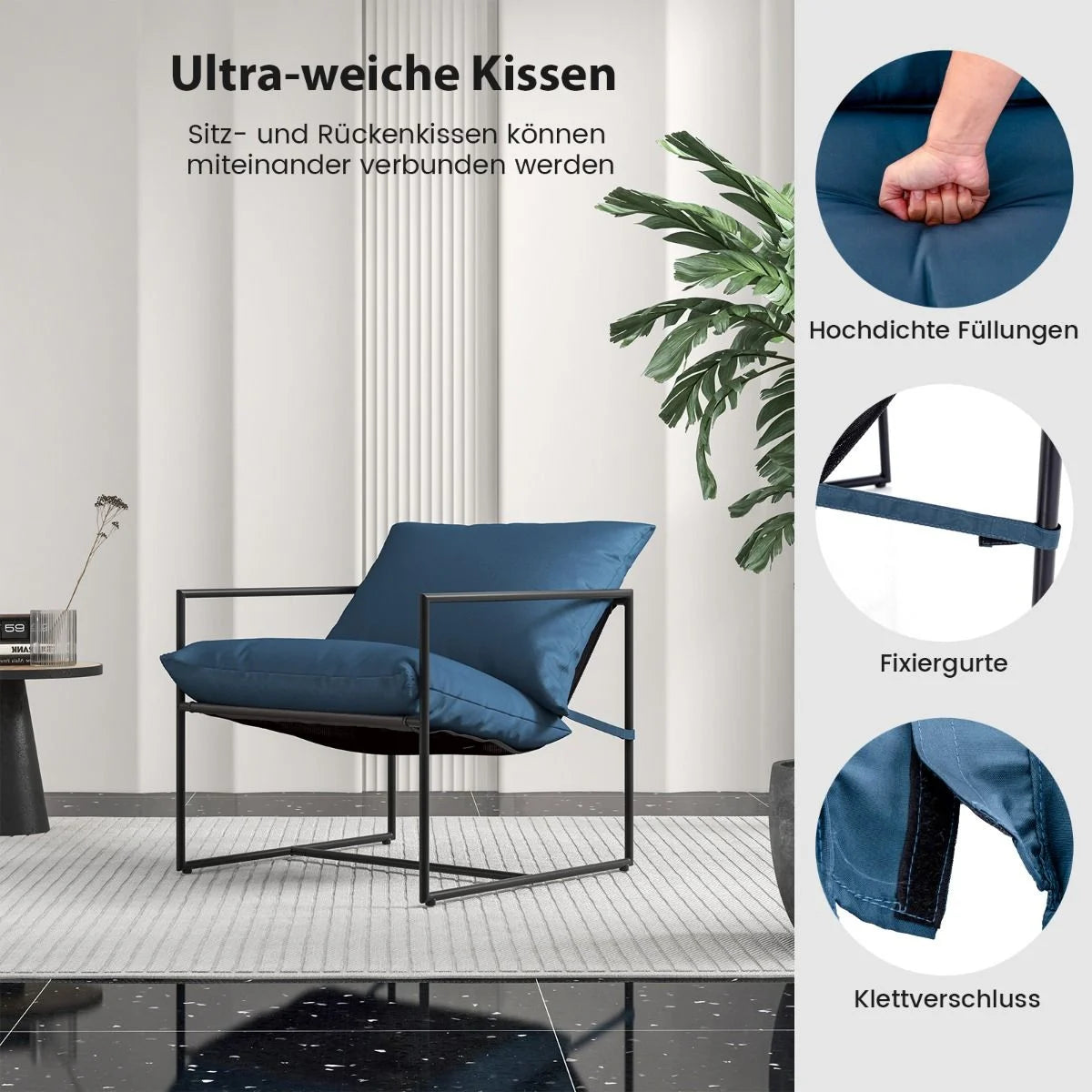 2Er Set Sling-Akzentstuhl Mit Sitz- & Rückenkissen & Metallrahmen Ergonomischer Loungestuhl Navy