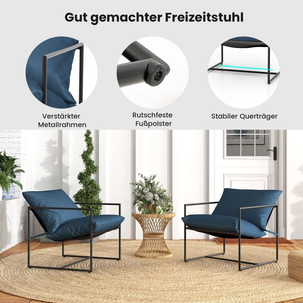 2Er Set Sling-Akzentstuhl Mit Sitz- & Rückenkissen & Metallrahmen Ergonomischer Loungestuhl Navy