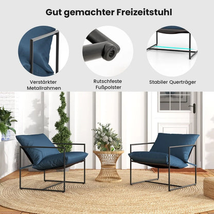 2Er Set Sling-Akzentstuhl Mit Sitz- & Rückenkissen & Metallrahmen Ergonomischer Loungestuhl Navy