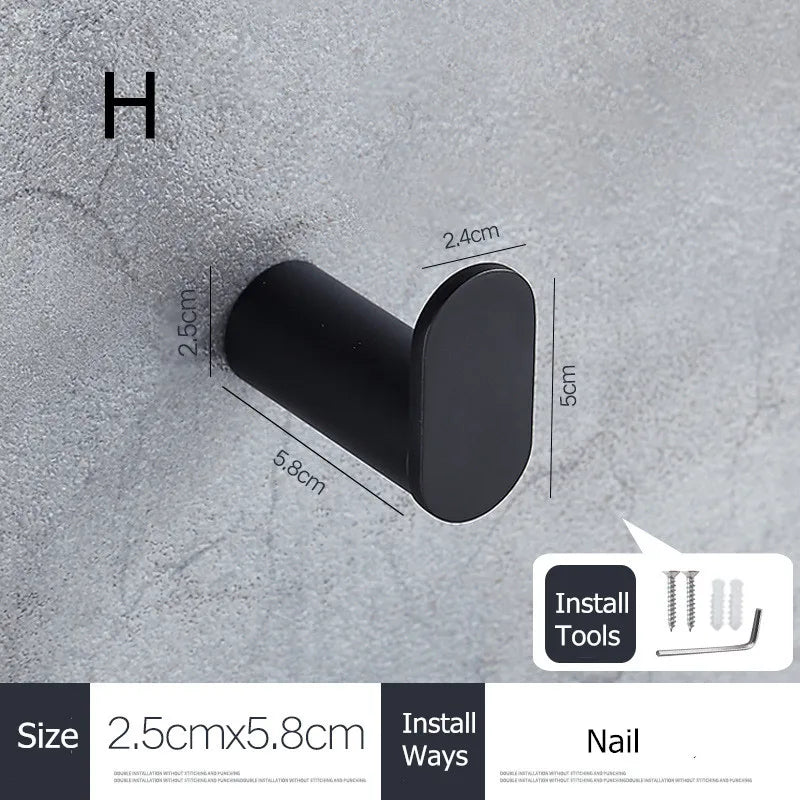 SUS304 Stainless Steel Black Wall Hooks for Bathroom and Kitchen - Versatile Hangers for Keys, Coats, Towels, and Robes