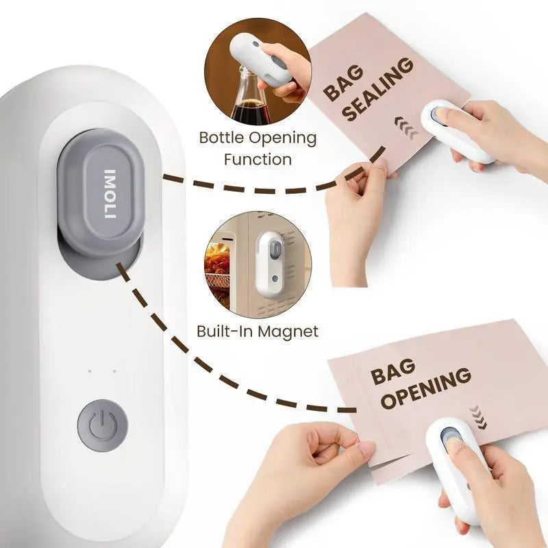 4-in-1 Mini Heat Sealer with Built-In Cutter, USB Rechargeable, Magnetic Design – Portable Snack Bag Sealer and Beer Bottle Opener for Home Food Storage