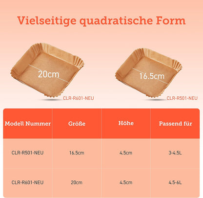 Cosori Backpapier Für Heißluftfritteuse XXL 4-7,3 L, 100 Stück 20 Cm, Ungebleichtes Airfryer Zubehör, Antihaftbeschichtete Einwegschalen, Pergamentpapier, Kompatibel Mit Gängigen Heißluftfritteusen