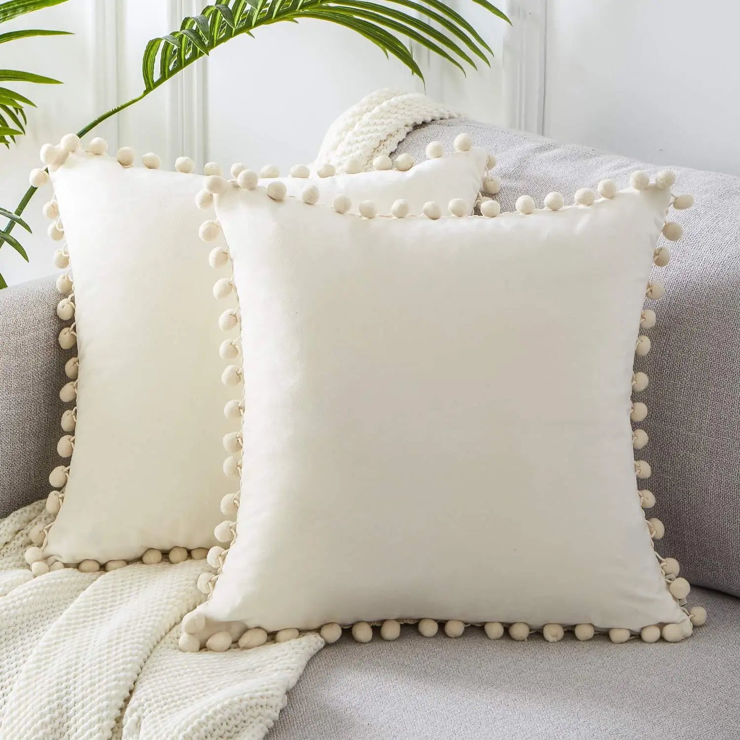 Solid Velvet Decorative Pillow Case with Pompom Trim - Green, Blue, Grey, Pink - 30x50 cm