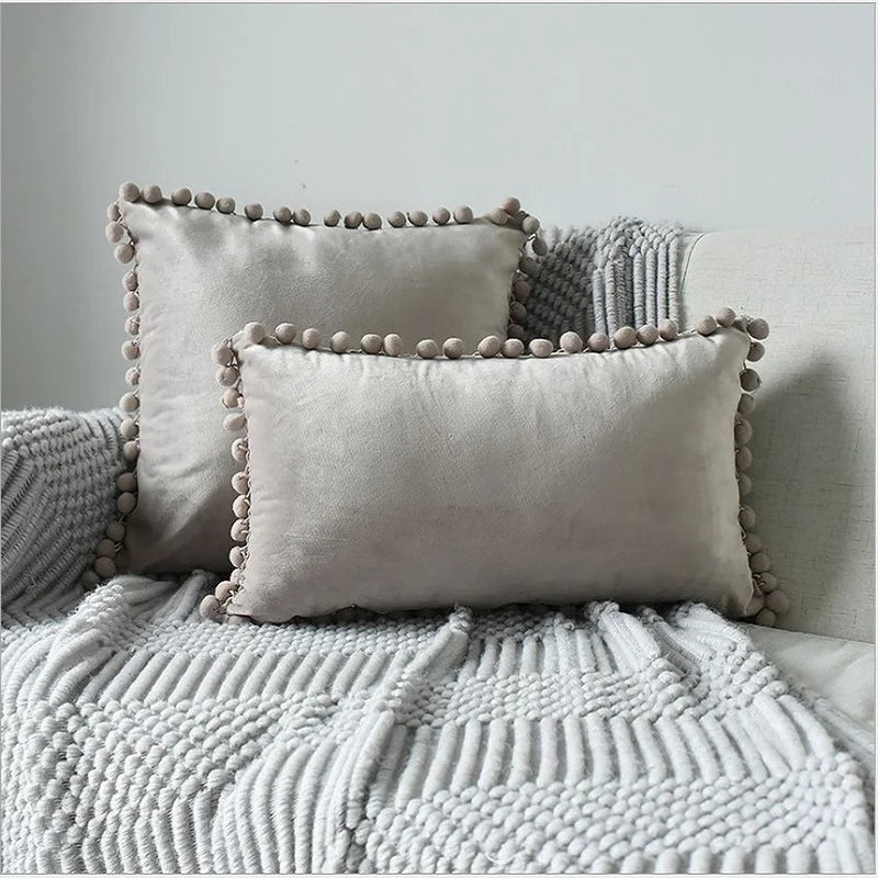 Solid Velvet Decorative Pillow Case with Pompom Trim - Green, Blue, Grey, Pink - 30x50 cm