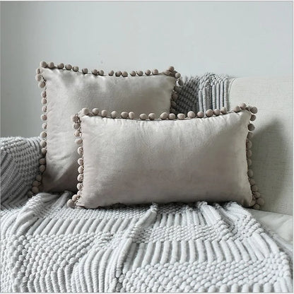 Solid Velvet Decorative Pillow Case with Pompom Trim - Green, Blue, Grey, Pink - 30x50 cm