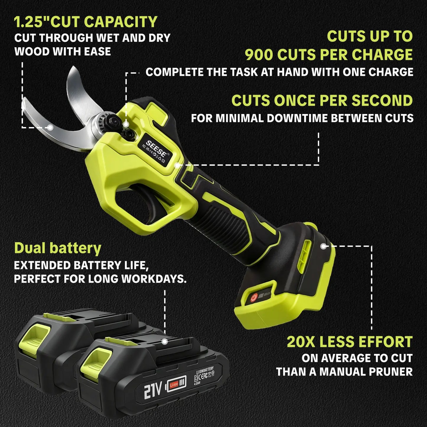 SEESE Cordless Electric Pruning Shears with Brushless Motor - 1.25" Cutting Capacity, Dual 21V Battery for Efficient Tree and Flower Trimming