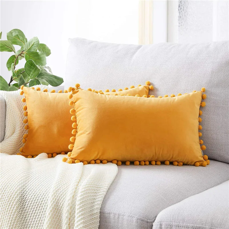 Solid Velvet Decorative Pillow Case with Pompom Trim - Green, Blue, Grey, Pink - 30x50 cm