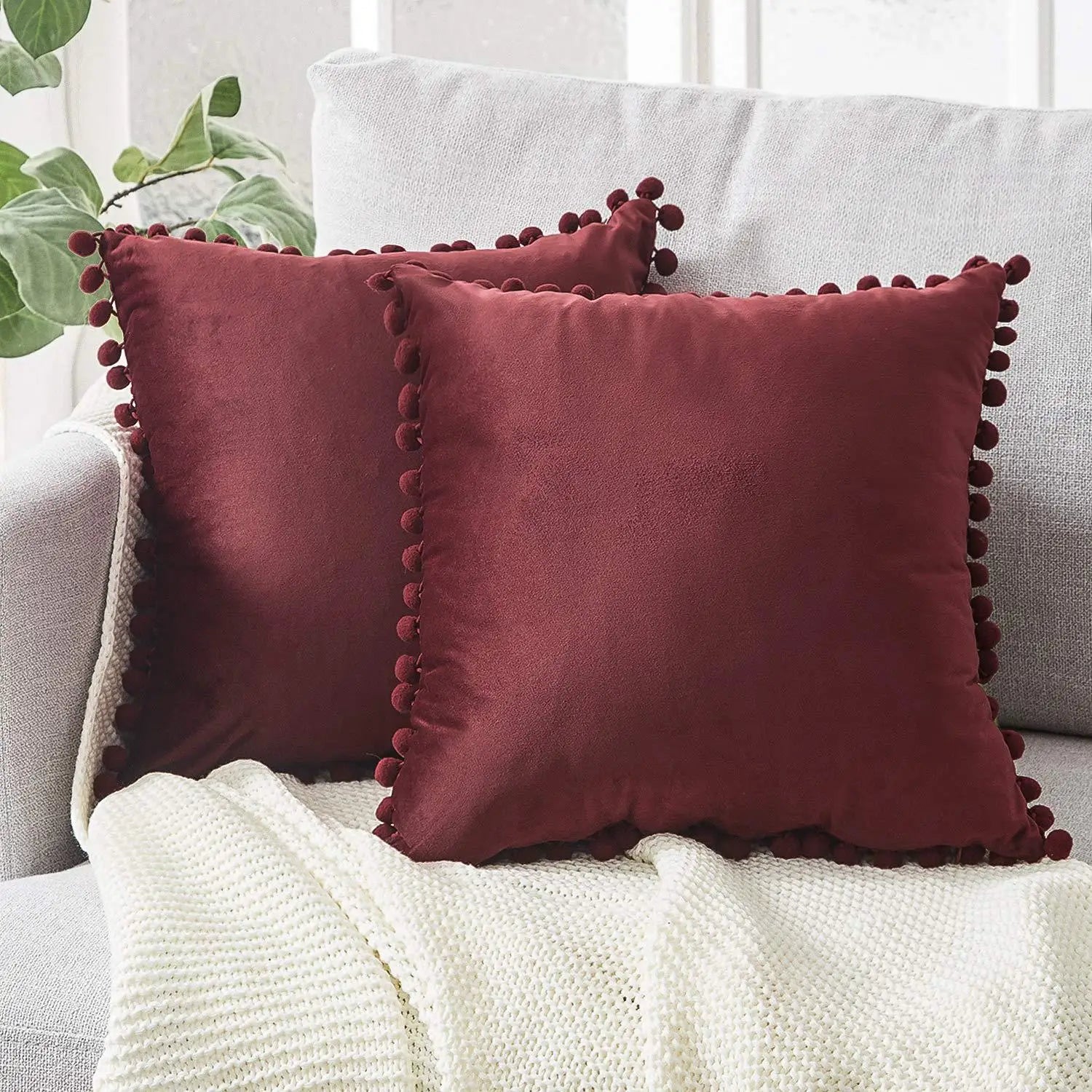 Solid Velvet Decorative Pillow Case with Pompom Trim - Green, Blue, Grey, Pink - 30x50 cm