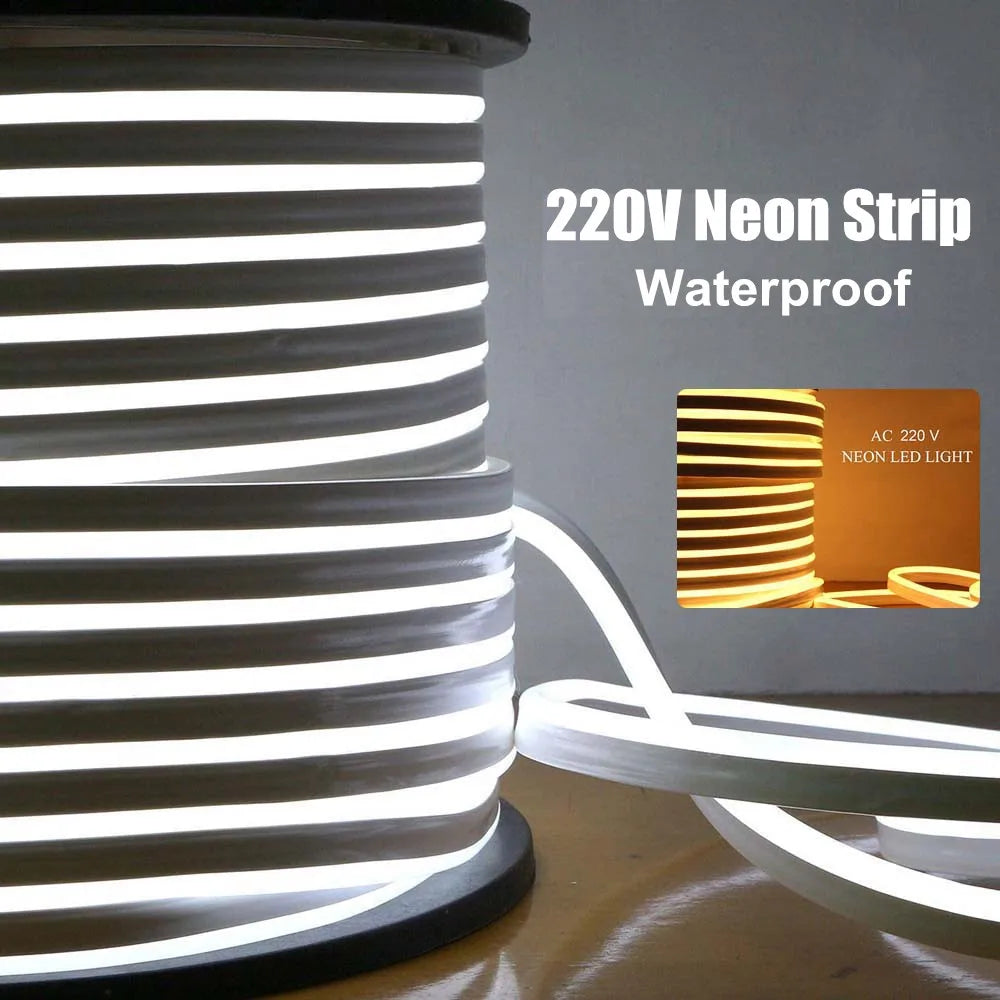 EU 220V Neon Strip Waterproof White/Warm White 2835 120Leds/M Ribbon Tape Flexible LED Strip Lamp for Outdoor Garden Decoration