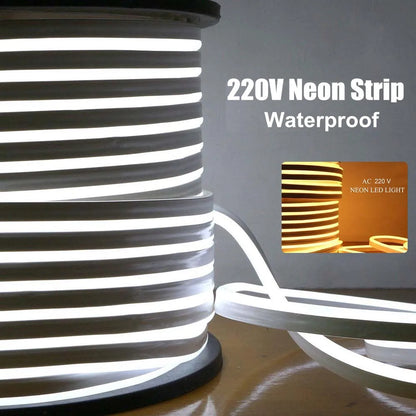 EU 220V Neon Strip Waterproof White/Warm White 2835 120Leds/M Ribbon Tape Flexible LED Strip Lamp for Outdoor Garden Decoration