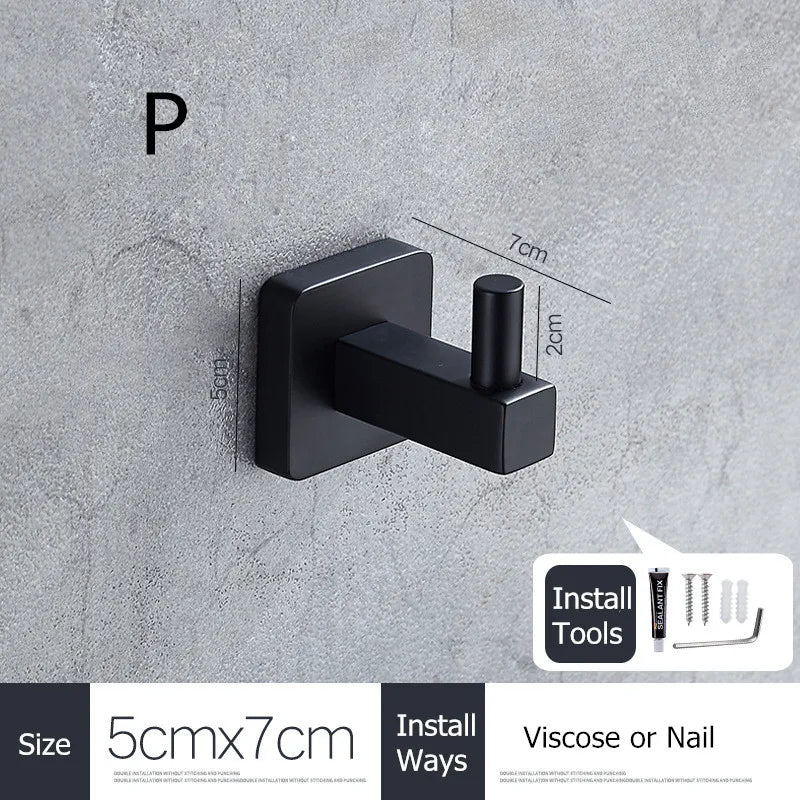 SUS304 Stainless Steel Black Wall Hooks for Bathroom and Kitchen - Versatile Hangers for Keys, Coats, Towels, and Robes