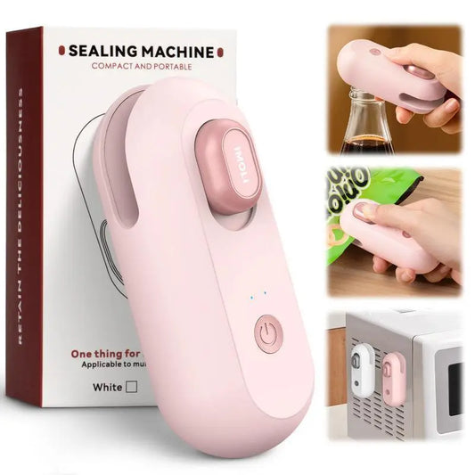 4-in-1 Mini Heat Sealer with Built-In Cutter, USB Rechargeable, Magnetic Design – Portable Snack Bag Sealer and Beer Bottle Opener for Home Food Storage