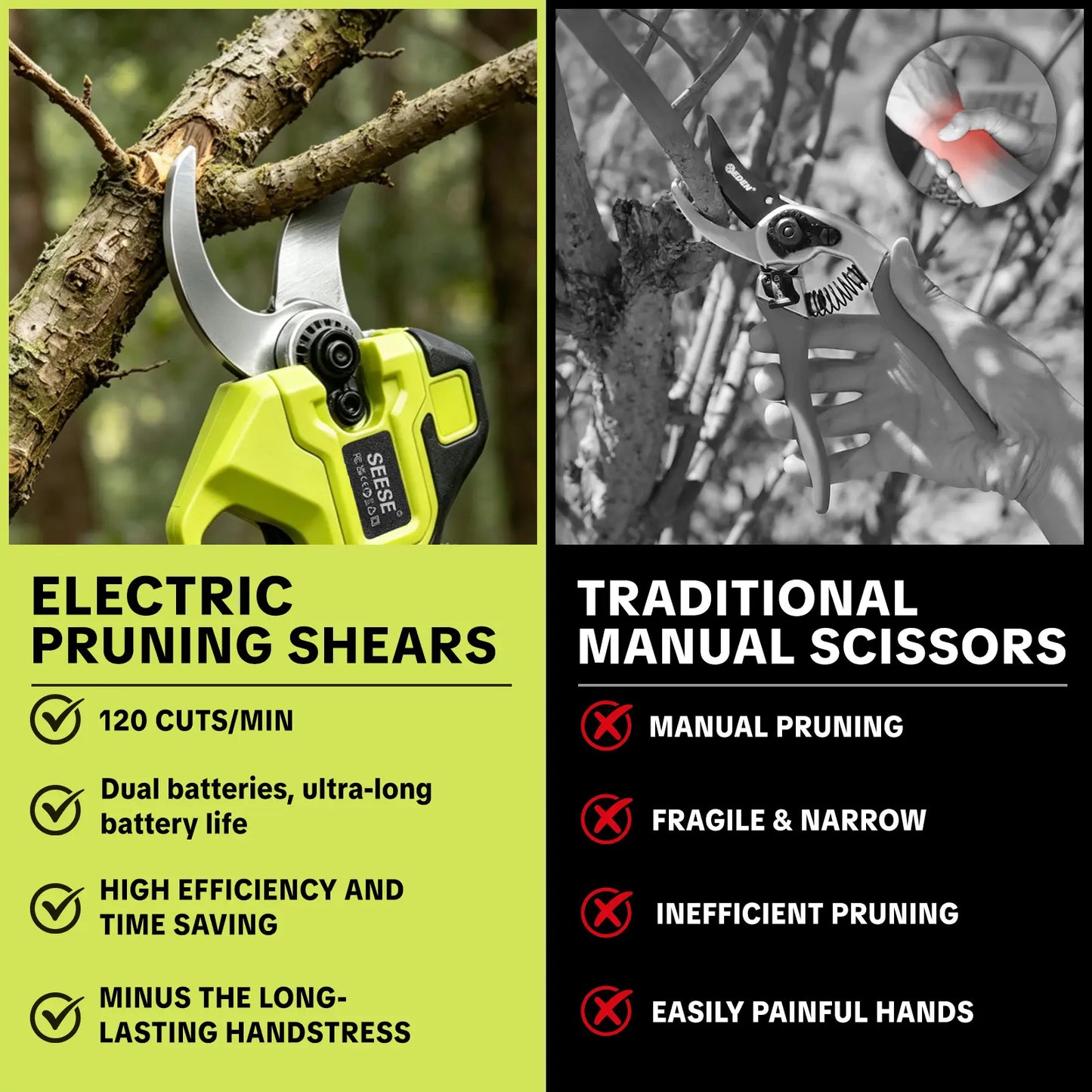 SEESE Cordless Electric Pruning Shears with Brushless Motor - 1.25" Cutting Capacity, Dual 21V Battery for Efficient Tree and Flower Trimming