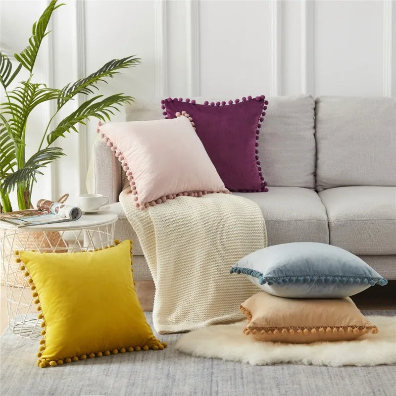 Solid Velvet Decorative Pillow Case with Pompom Trim - Green, Blue, Grey, Pink - 30x50 cm