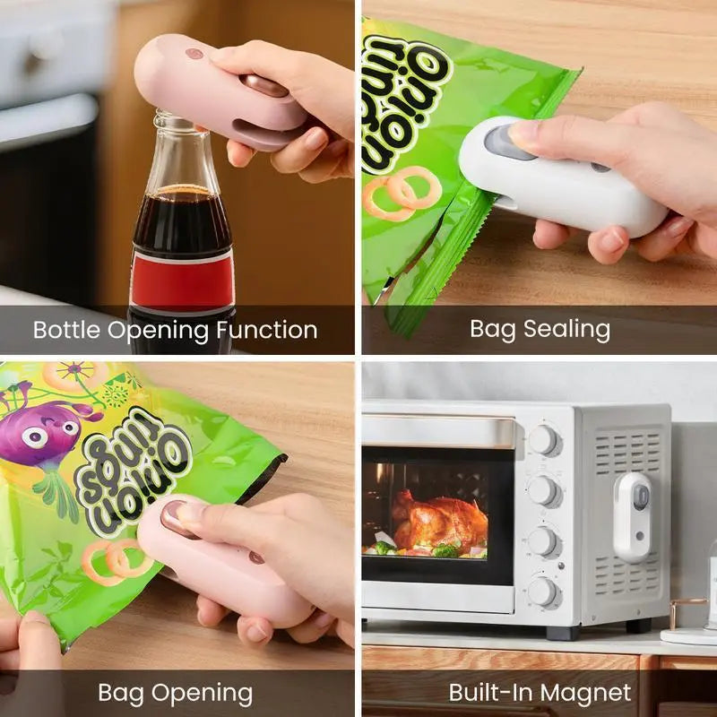4-in-1 Mini Heat Sealer with Built-In Cutter, USB Rechargeable, Magnetic Design – Portable Snack Bag Sealer and Beer Bottle Opener for Home Food Storage