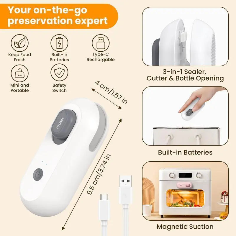 4-in-1 Mini Heat Sealer with Built-In Cutter, USB Rechargeable, Magnetic Design – Portable Snack Bag Sealer and Beer Bottle Opener for Home Food Storage