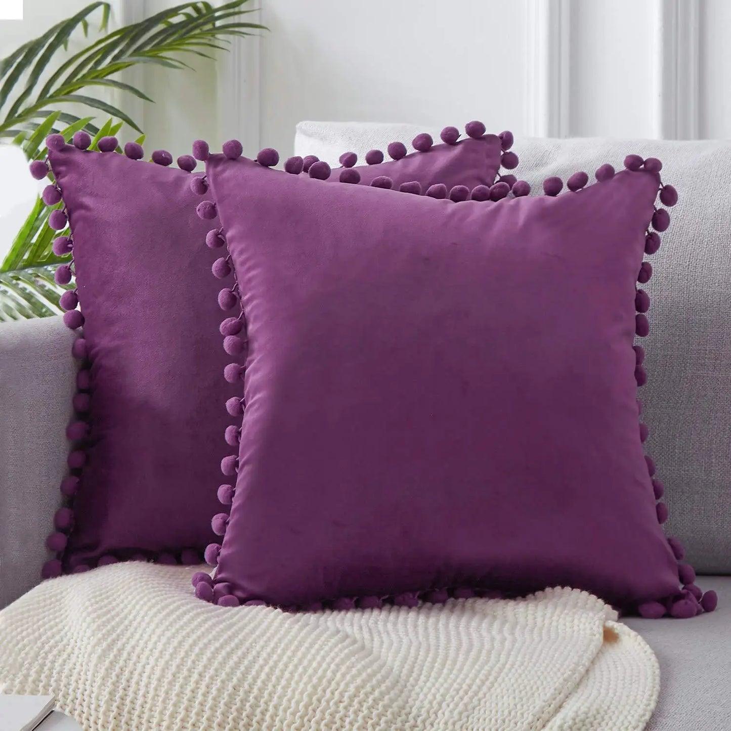 Solid Velvet Decorative Pillow Case with Pompom Trim - Green, Blue, Grey, Pink - 30x50 cm