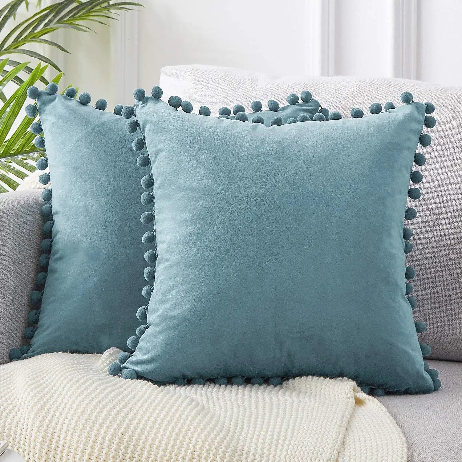 Solid Velvet Decorative Pillow Case with Pompom Trim - Green, Blue, Grey, Pink - 30x50 cm