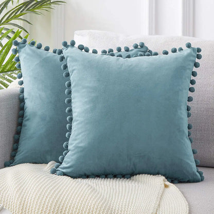Solid Velvet Decorative Pillow Case with Pompom Trim - Green, Blue, Grey, Pink - 30x50 cm