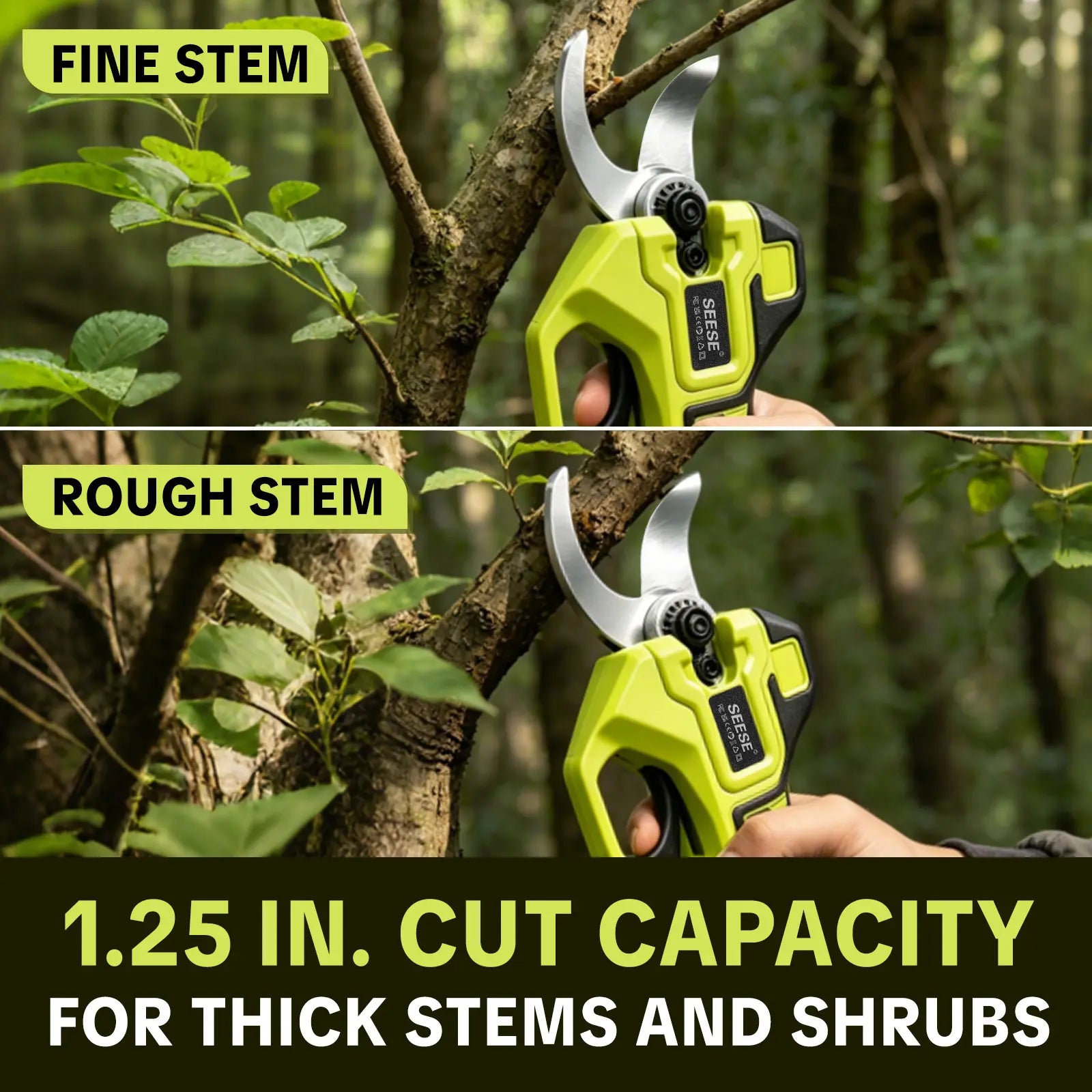 SEESE Cordless Electric Pruning Shears with Brushless Motor - 1.25" Cutting Capacity, Dual 21V Battery for Efficient Tree and Flower Trimming