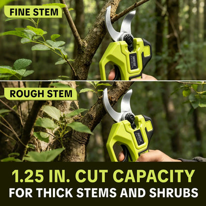 SEESE Cordless Electric Pruning Shears with Brushless Motor - 1.25" Cutting Capacity, Dual 21V Battery for Efficient Tree and Flower Trimming