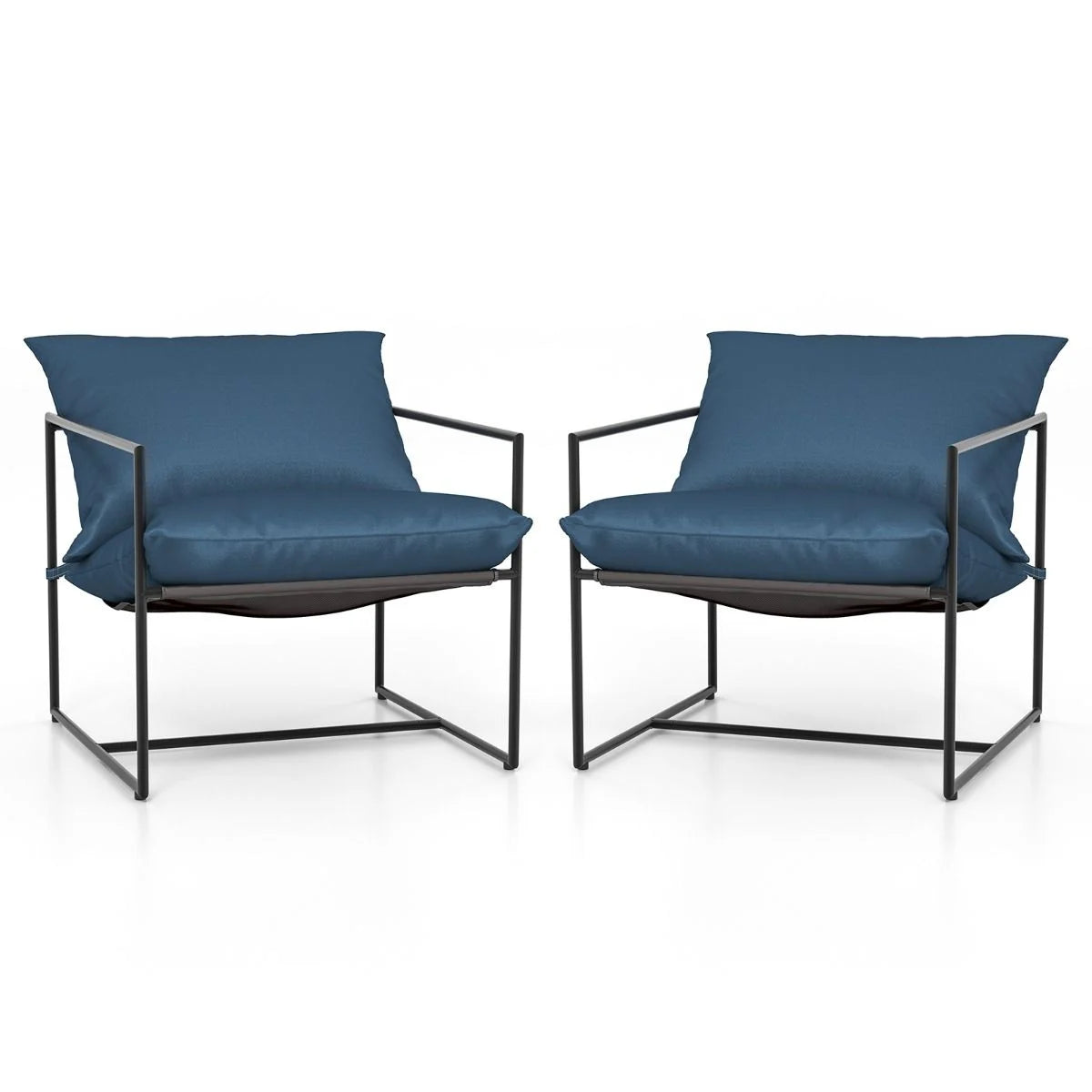 2Er Set Sling-Akzentstuhl Mit Sitz- & Rückenkissen & Metallrahmen Ergonomischer Loungestuhl Navy